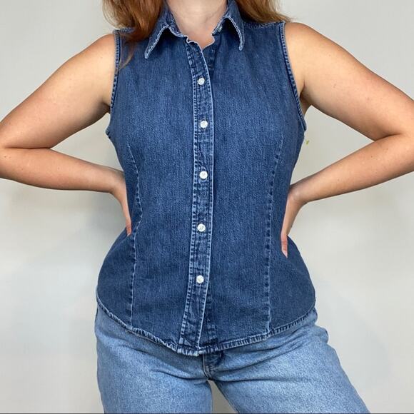 Vintage 90s Gap Size Large 100% cotton Sleeveless Button Down Chambray Blouse - Picture 1 of 11